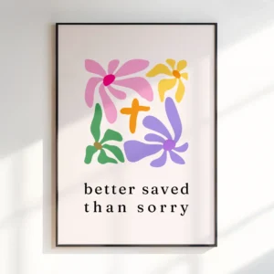 Een poster met vrolijke kleuren en een christelijke tekst aan de muur
