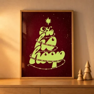 Kerstposter met houten boompjes