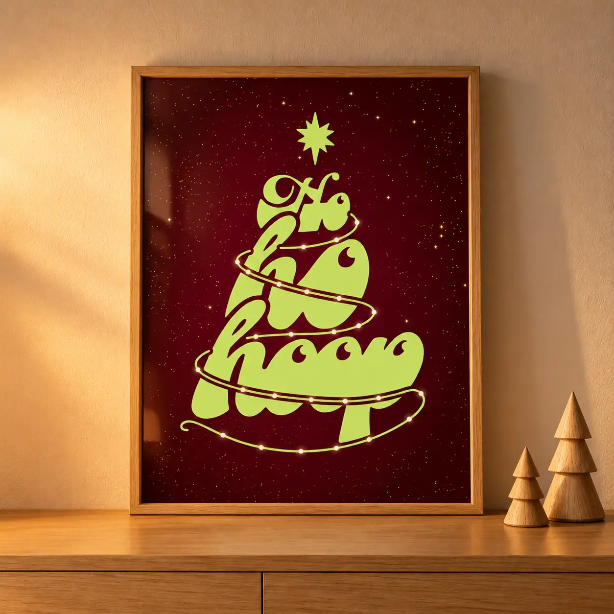 Kerstposter met houten boompjes